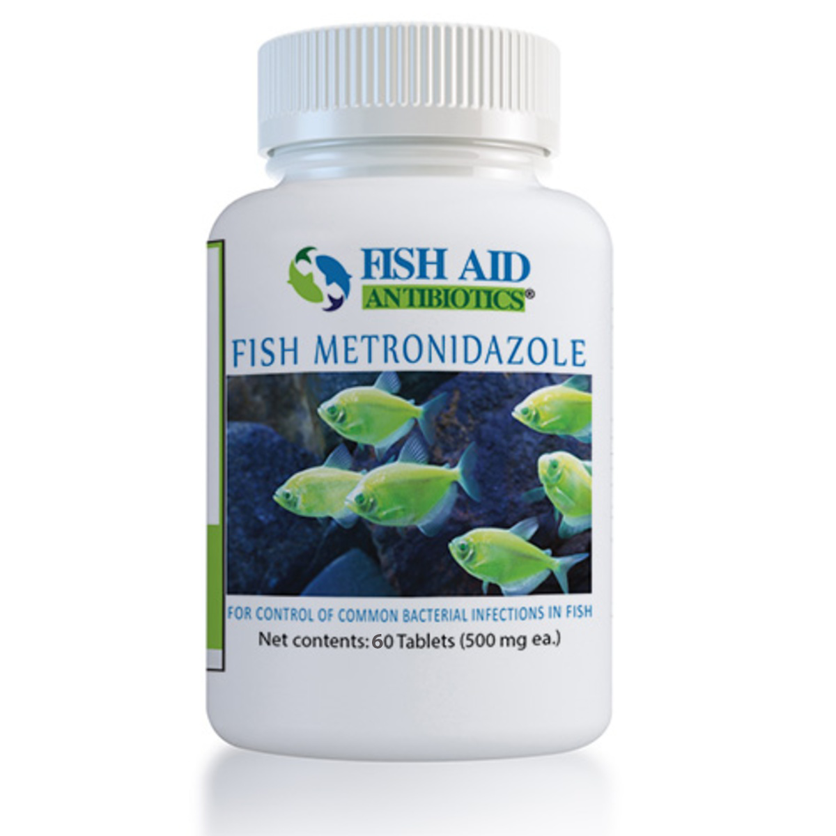 A bottle of Fish Metronidazole 500mg medication with 60 tablets, labeled for controlling common bacterial infections in fish.