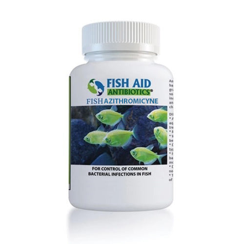 A bottle of Fish Aid Antibiotics, specifically Azithromycin, for control of common bacterial infections in fish.