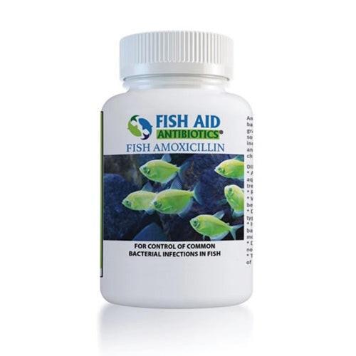A bottle of Fish Aid Antibiotics, specifically Fish Amoxicillin, used for controlling common bacterial infections in fish.