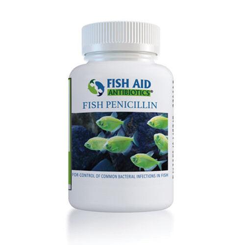 A bottle of Fish Penicillin 500mg 60-Tablets for fish with a label showing greenish fish and the brand 'Fish Aid Antibiotics'.